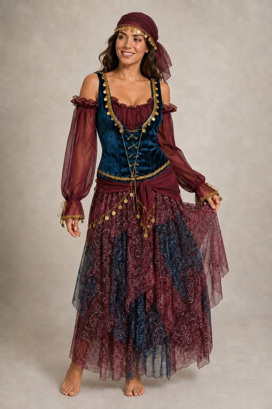 Dreamgirl Womens M Fortune Teller Costume Velvet Lace Up Dress Coin Headscarf